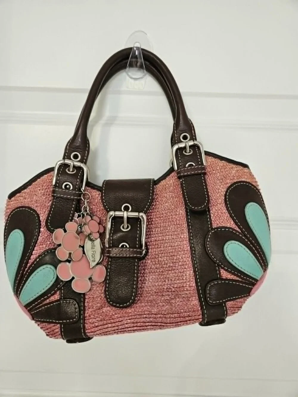 Vintage Isabella Fiore Woven Pink Leather Appliqué Satchel w/ Charm
